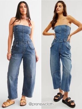 Free People We The People Barrel Denim Jumpsuit Strapless Wide Leg Size S New